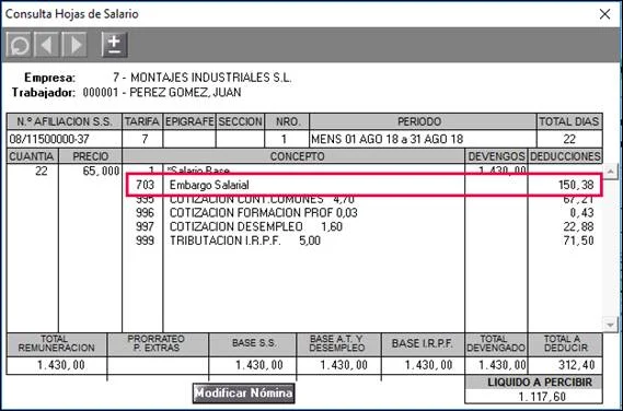 Embargo de nómina: porcentaje de retención en un salario de 1200 €